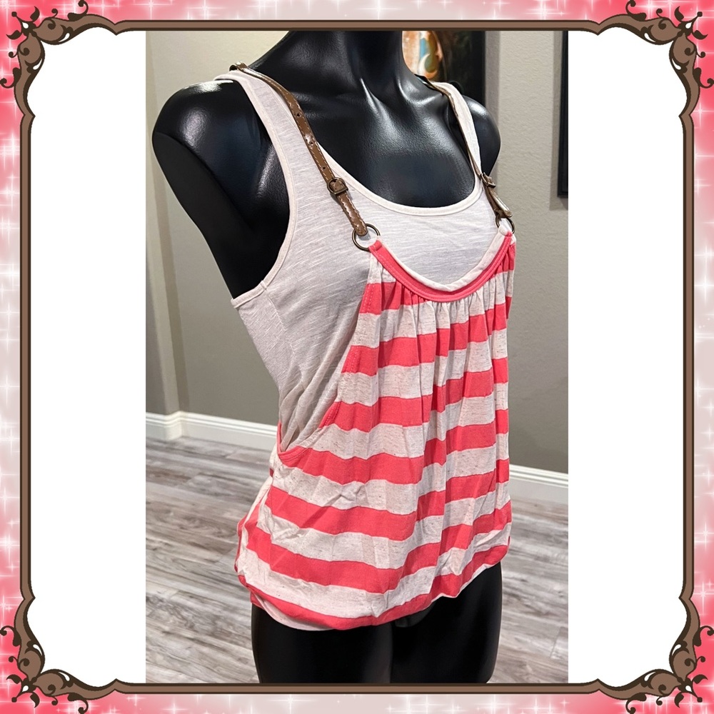 Marled Ivory Layered Tank Top Pink Striped Buckle Free Leather Straps Bke People